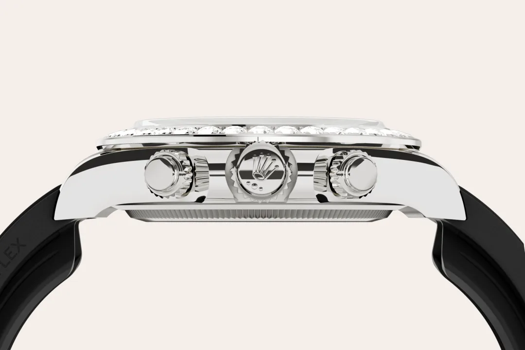 Rolex Cosmograph Daytona in white gold and diamonds with white and black mother-of-pearl dial, bezel set with diamonds, and Oysterflex bracelet, m126589rbr-0001 - AH Riise Rolex Cosmograph Daytona in white gold and diamonds with white and black mother-of-pearl dial, bezel set with diamonds, and Oysterflex bracelet, m126589rbr-0001 - AH Riise