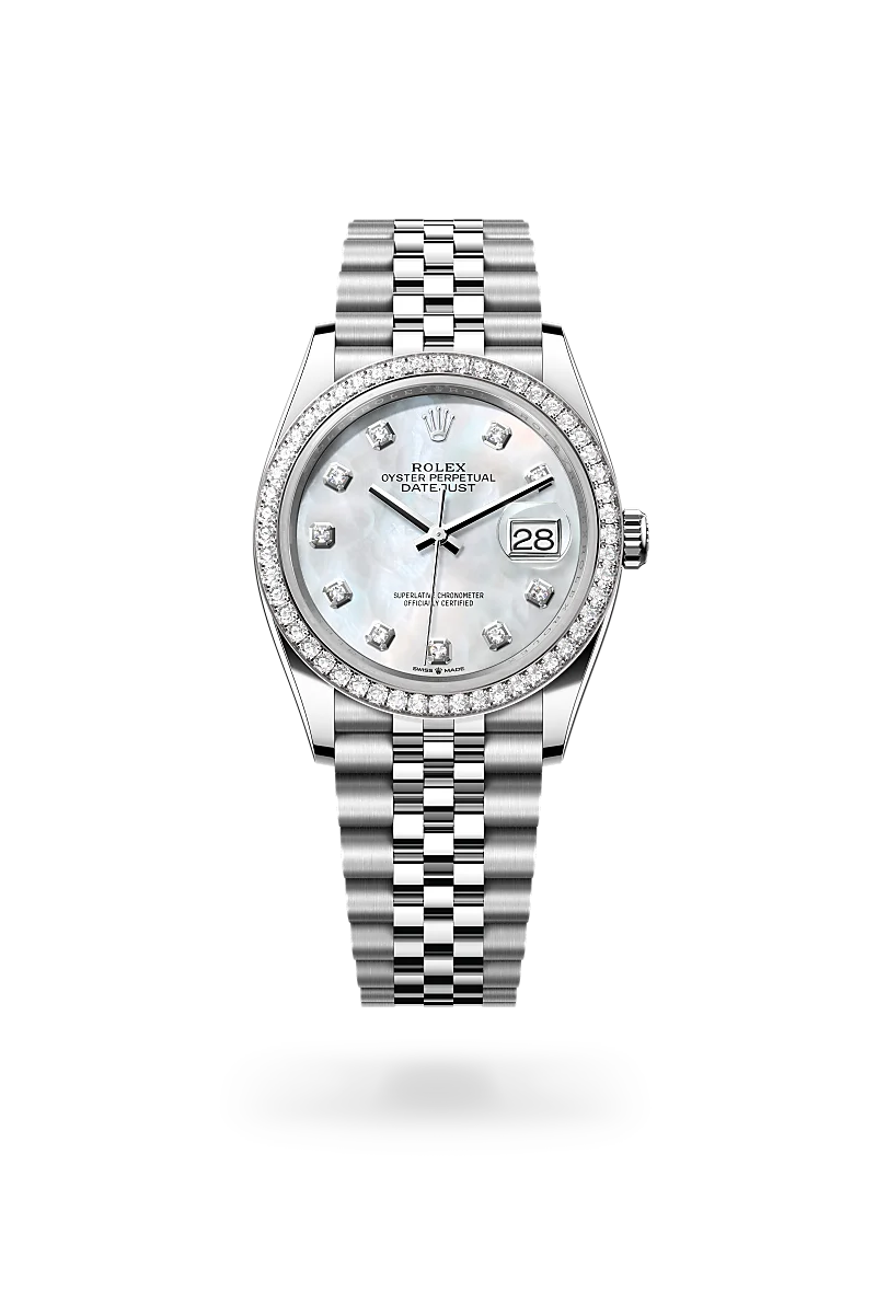 Rolex Datejust 36 in Oystersteel, white gold and diamonds with a white mother-of-pearl dial with diamonds, bezel with diamonds, and Jubilee bracelet - AH Riise Rolex Datejust 36 in Oystersteel, white gold and diamonds with a white mother-of-pearl dial with diamonds, bezel with diamonds, and Jubilee bracelet - AH Riise