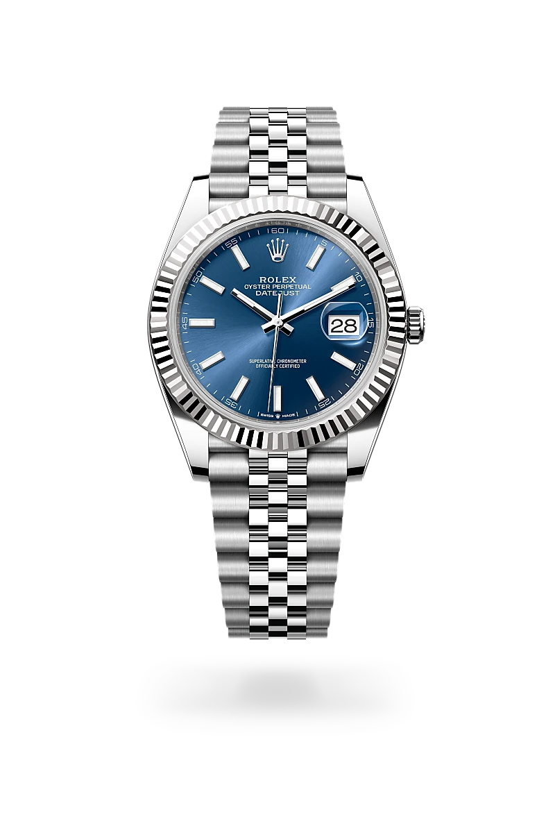 Rolex Datejust 41 in Oystersteel and white gold with a bright blue dial, fluted bezel, and Jubilee bracelet - AH Riise Rolex Datejust 41 in Oystersteel and white gold with a bright blue dial, fluted bezel, and Jubilee bracelet - AH Riise