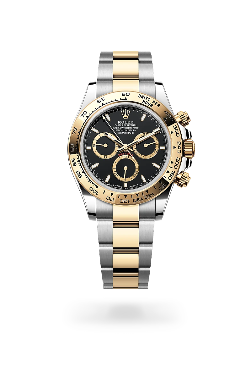 Rolex Cosmograph Daytona in Oystersteel and yellow gold with a black, golden counter rings dial, fixed bezel, and Oyster bracelet - AH Riise Rolex Cosmograph Daytona in Oystersteel and yellow gold with a black, golden counter rings dial, fixed bezel, and Oyster bracelet - AH Riise