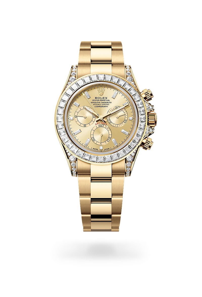 Rolex Cosmograph Daytona in yellow gold and diamonds with golden dial, bezel set with diamonds, and Oyster bracelet - AH Riise Rolex Cosmograph Daytona in yellow gold and diamonds with golden dial, bezel set with diamonds, and Oyster bracelet - AH Riise