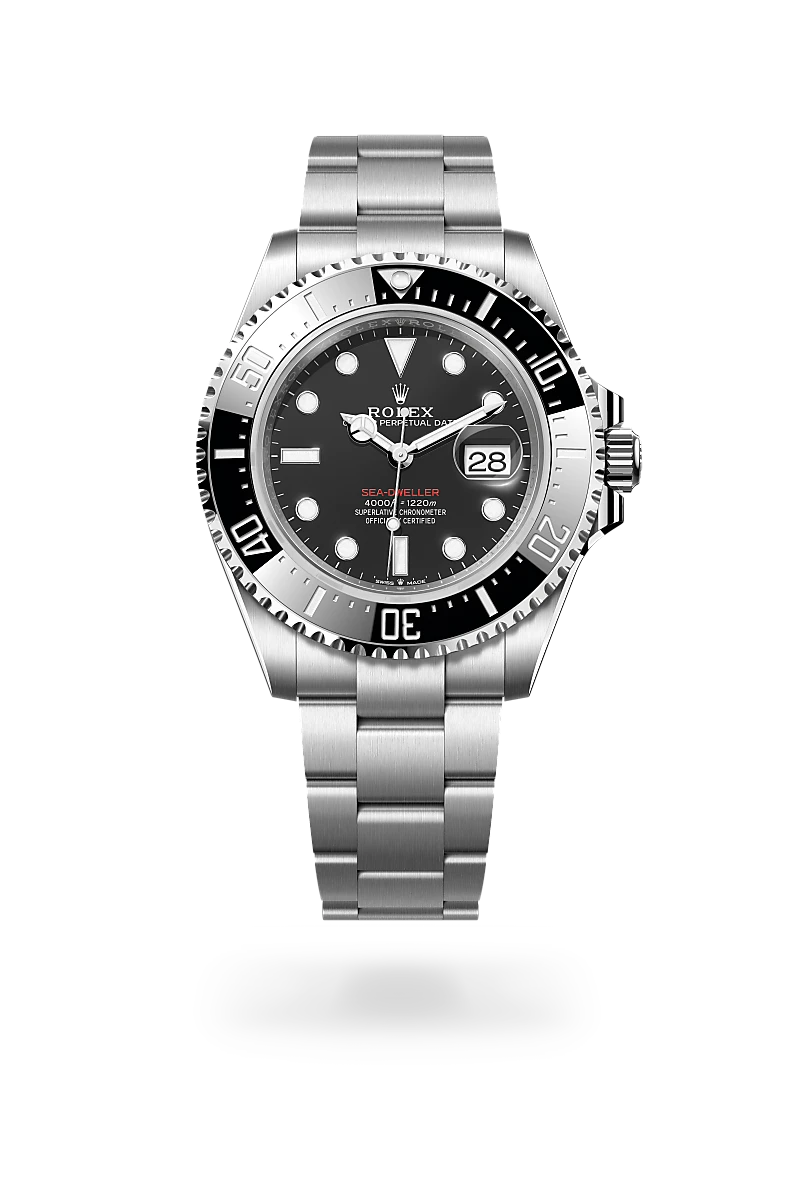 Rolex Sea-Dweller in Oystersteel with an intense black dial, black ceramic and platinum bezel, and Oyster bracelet - AH Riise Rolex Sea-Dweller in Oystersteel with an intense black dial, black ceramic and platinum bezel, and Oyster bracelet - AH Riise