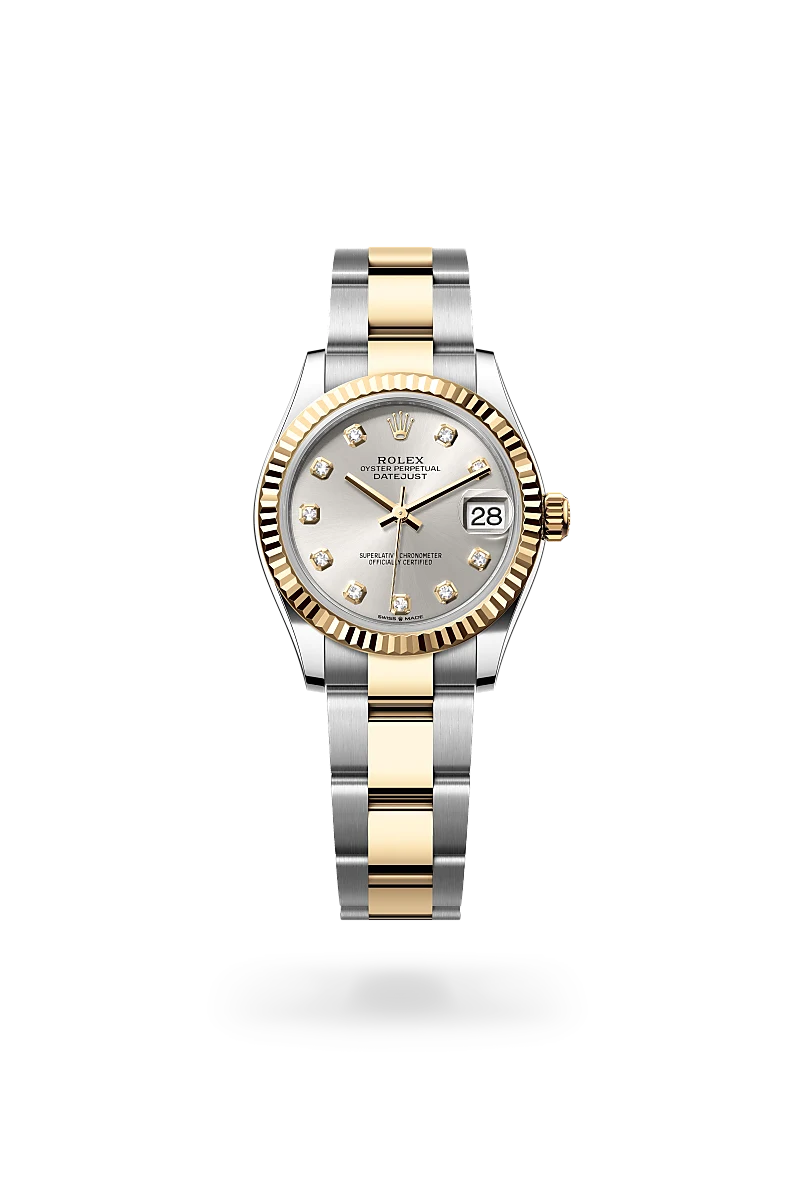 Rolex Datejust 31 in Oystersteel and yellow gold with a silver dial with diamonds, fluted bezel, and Oyster bracelet - AH Riise Rolex Datejust 31 in Oystersteel and yellow gold with a silver dial with diamonds, fluted bezel, and Oyster bracelet - AH Riise