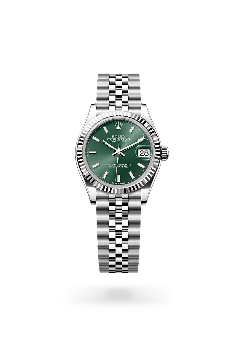 Rolex Datejust 31 in Oystersteel and white gold with a mint green dial, fluted bezel, and Jubilee bracelet - AH Riise Rolex Datejust 31 in Oystersteel and white gold with a mint green dial, fluted bezel, and Jubilee bracelet - AH Riise